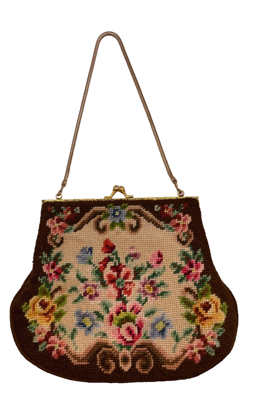 Vintage Petit Point Needlepoint Victorian Flowers Garden Purse/Bag